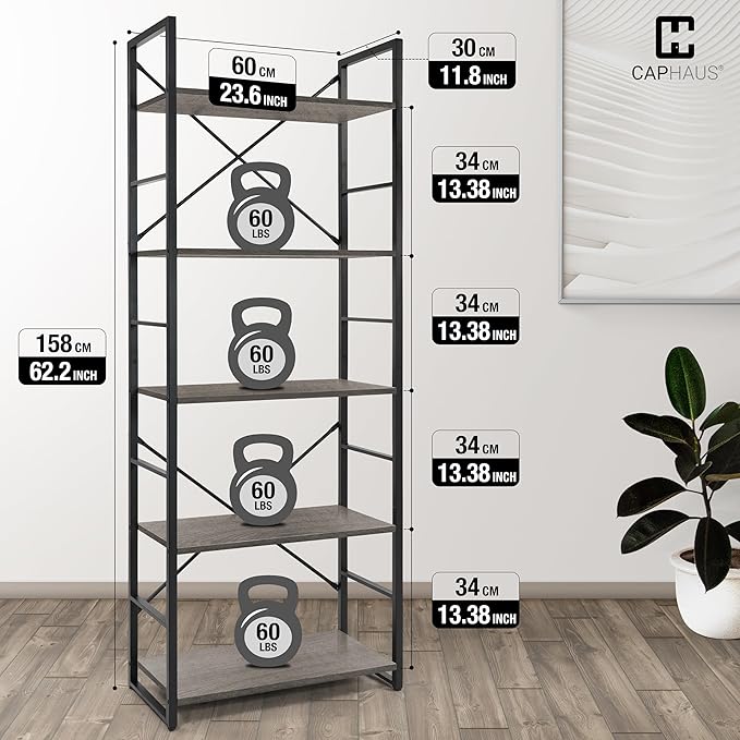 CAPHAUS 5 Tier Bookshelf, 24 Inch Width Free Standing Shelf, Bookcase Shelf - Image 3