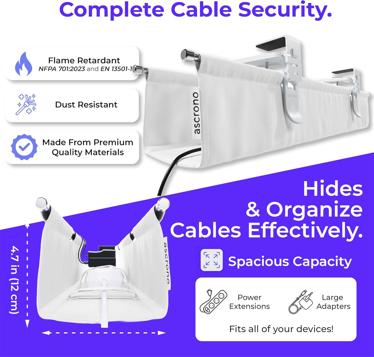 Ascrono Original Under Desk Cable Management Tray, White, 27.3"