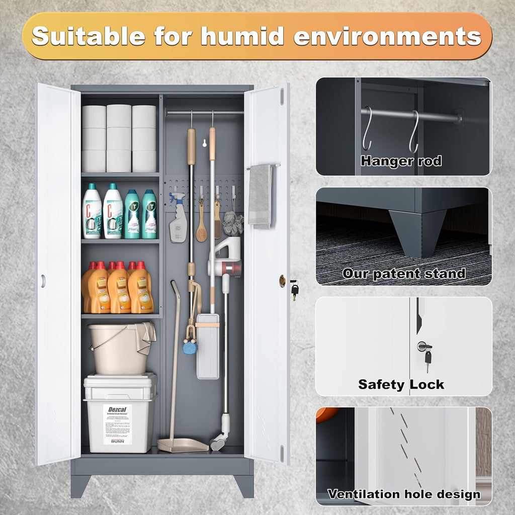 61" metal garage storage cabinet with lock, broom, side view
