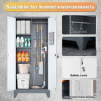 61" metal garage storage cabinet with lock, broom, side view