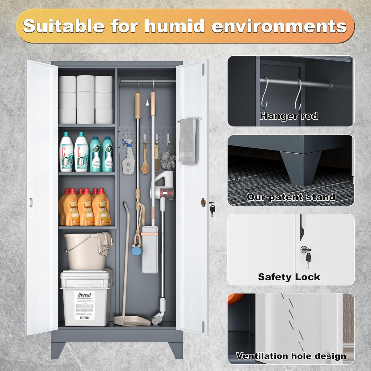61" metal garage storage cabinet with lock, broom, side view