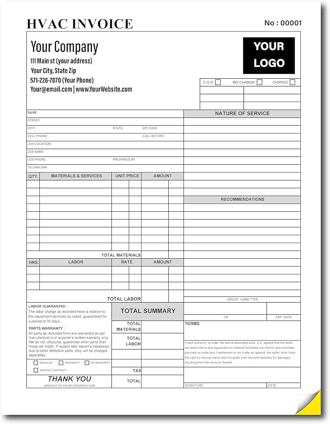 HVAC Work Order Invoice Custom Printed by PWEngraving