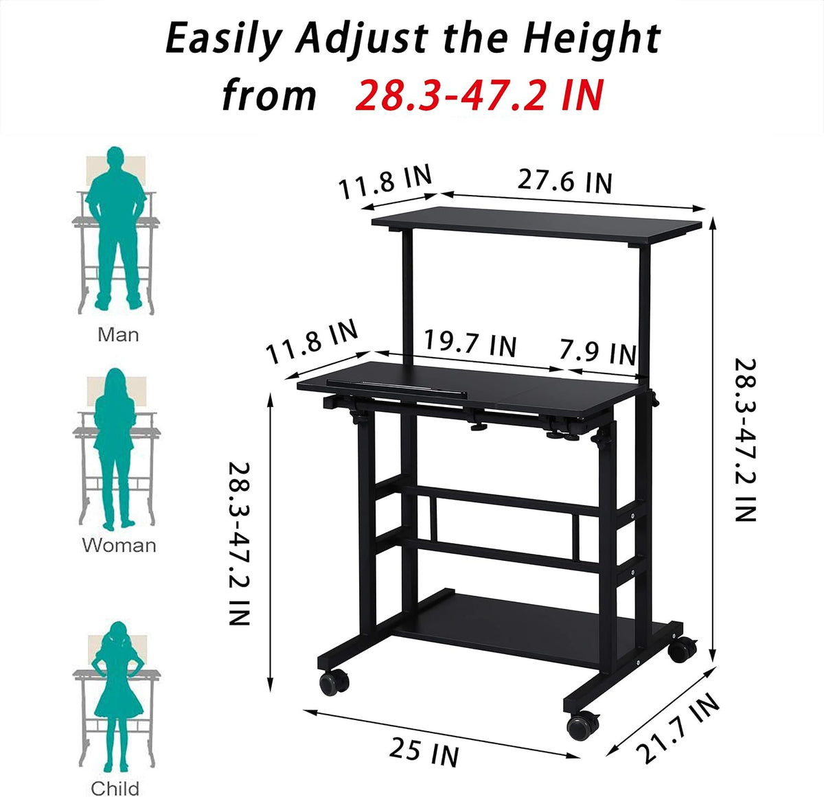 Small Standing Desk on Wheels, Height Adjustable Rolling Desk with Storage