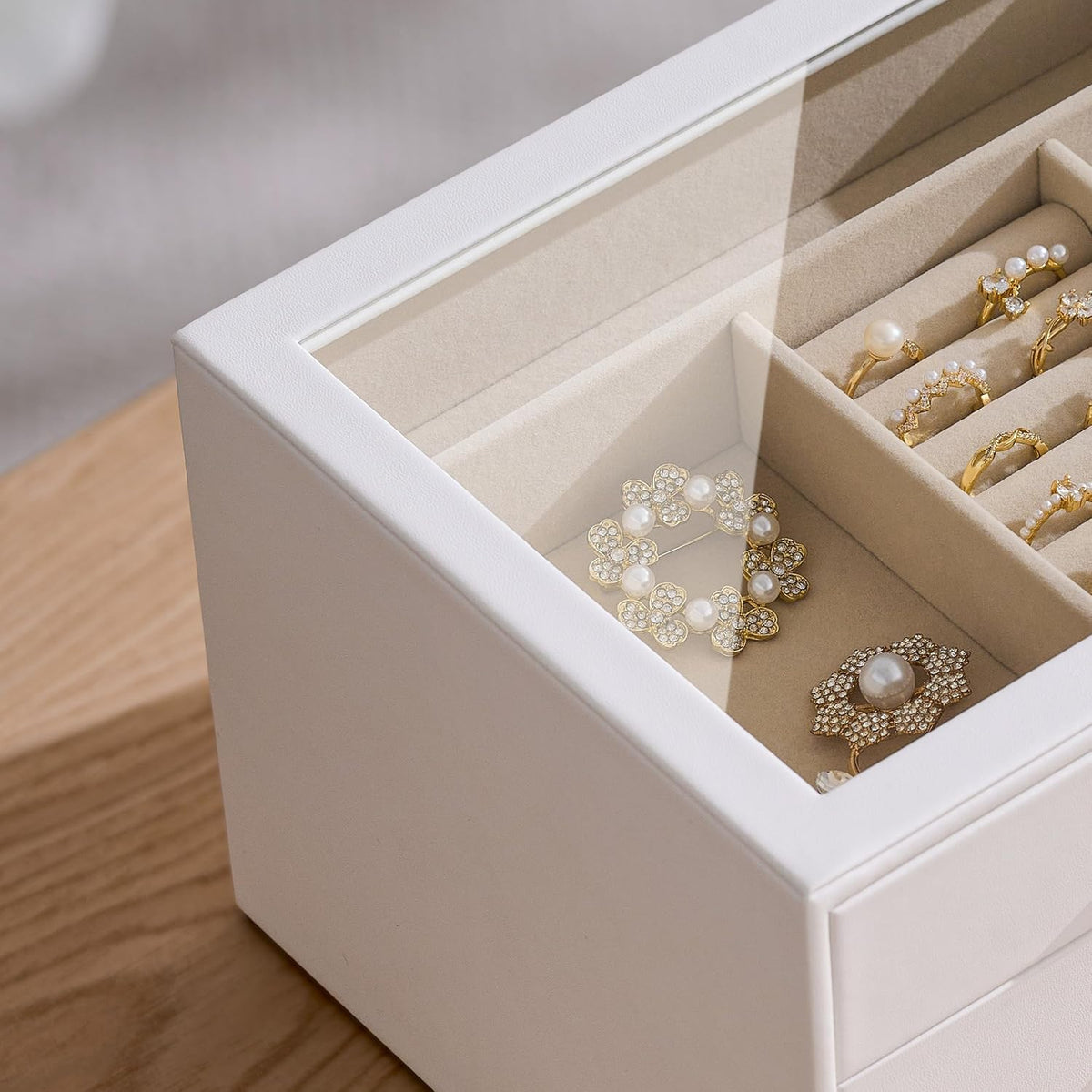 Jewelry Box Organizer Storage Case, 3-Layer with Glass Window, Pure White