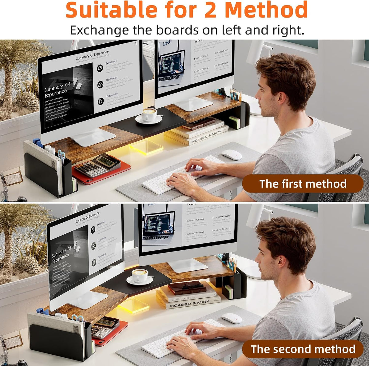 WESTREE Dual Monitor Stand Riser with Storage, Computer Monitor Riser with Ad...