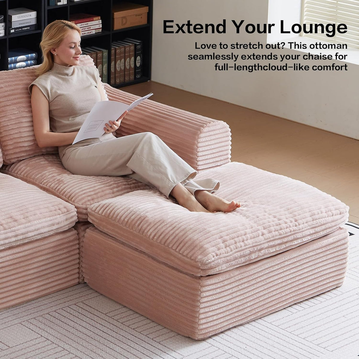 38.7" Large Square Ottoman, Cloud Pouf, Boneless, Dense Foam, Corduroy Pink