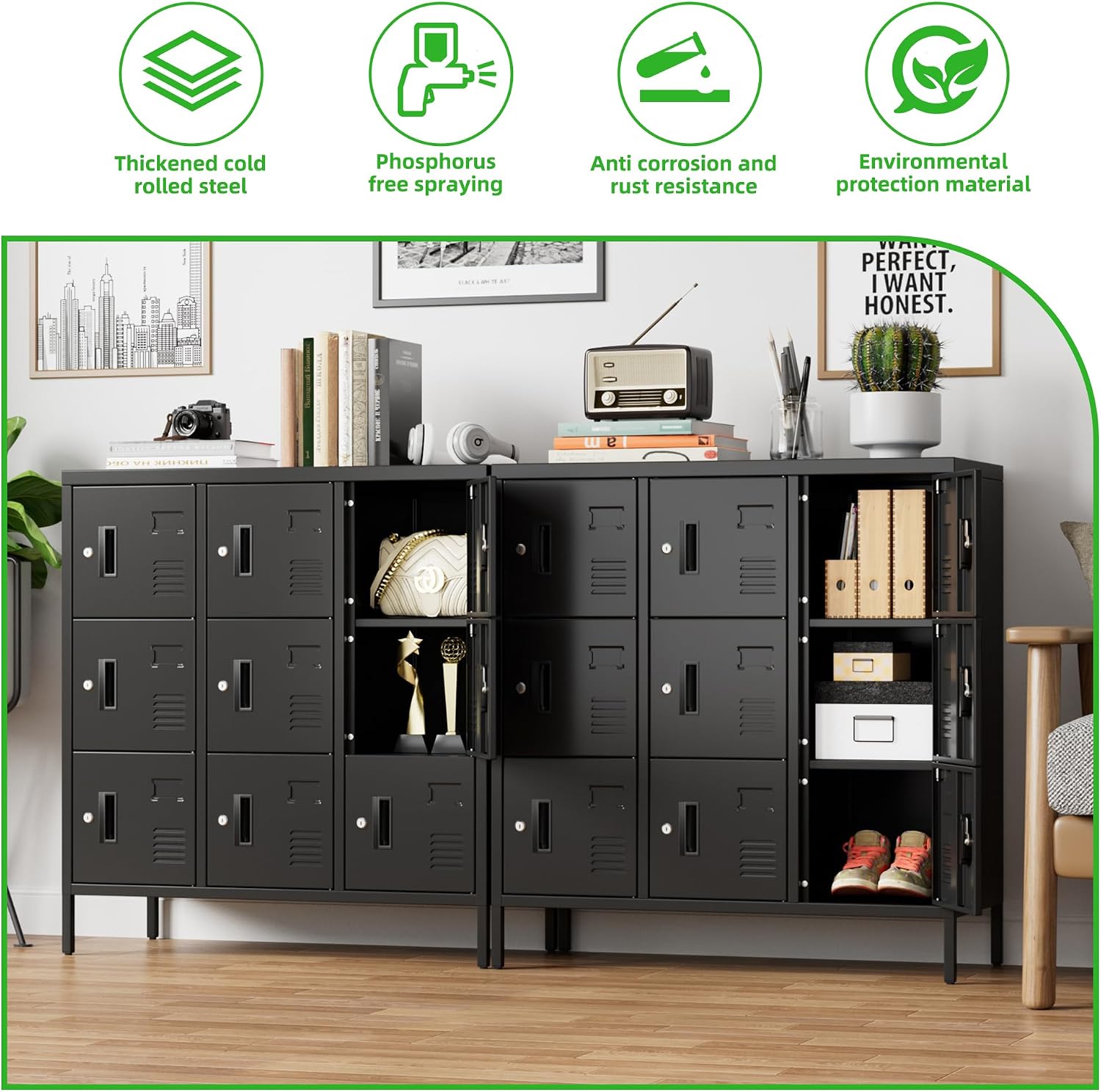 9-Door Metal Locker for Employees with Keyed Compartments | 15.79"D x 35.51"W x 37.8"H; 9 vented compartments with card slots, 18 keys and adjustable leveling feet.