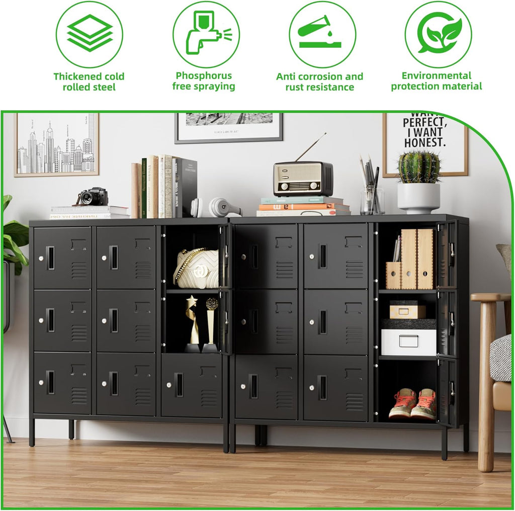 9-Door Metal Locker for Employees with Keyed Compartments | 15.79"D x 35.51"W x 37.8"H; 9 vented compartments with card slots, 18 keys and adjustable leveling feet.