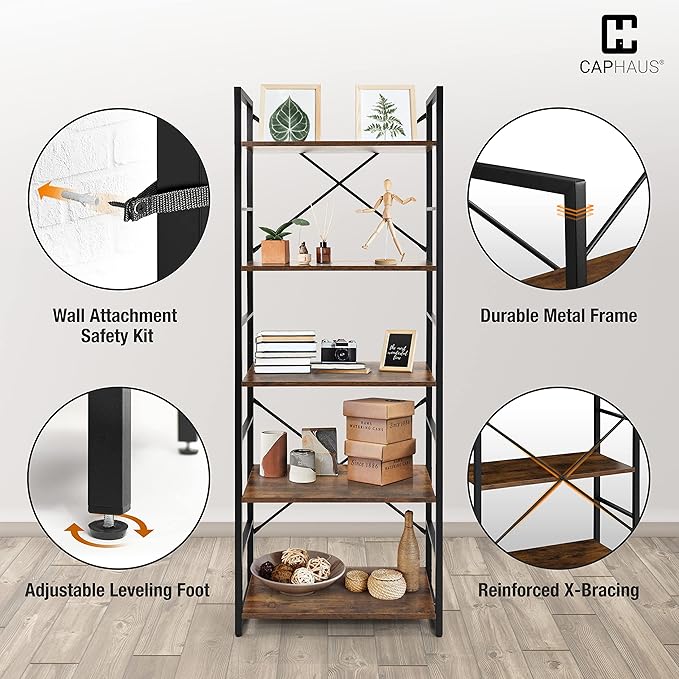CAPHAUS 5 Tier Bookshelf, 24 Inch Width Free Standing Shelf, Bookcase Shelf - Image 5