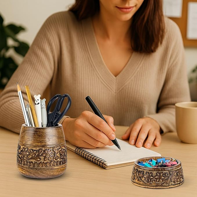Mie Creations Wooden Desk Organizer Set of 2 Pen Holder, Paper Clip Storage - Image 6
