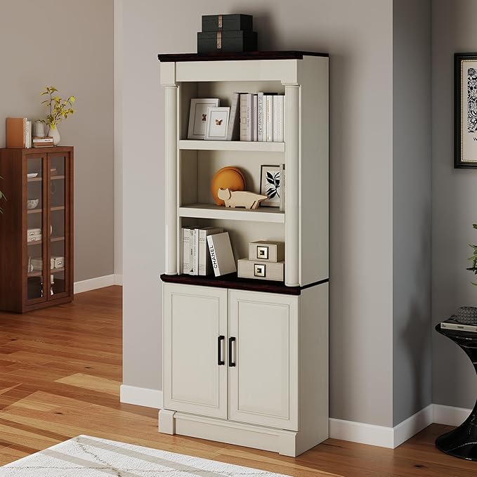 72" Roman Column Bookcase with Double Door Cabinet, 5 Tiers Tall Bookshelf - Image 3