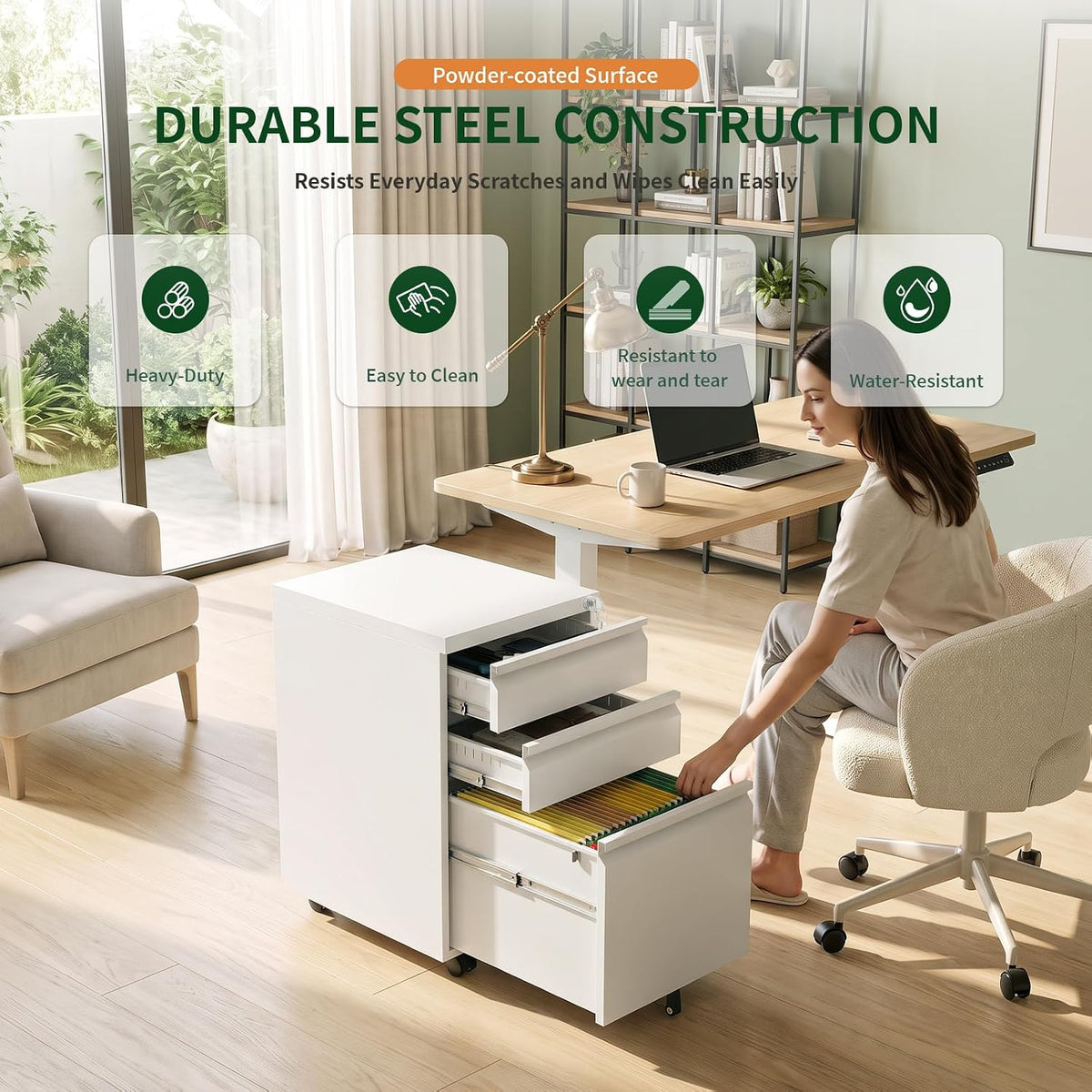 3 Drawer Metal File Cabinet with Lock & Rolling Casters