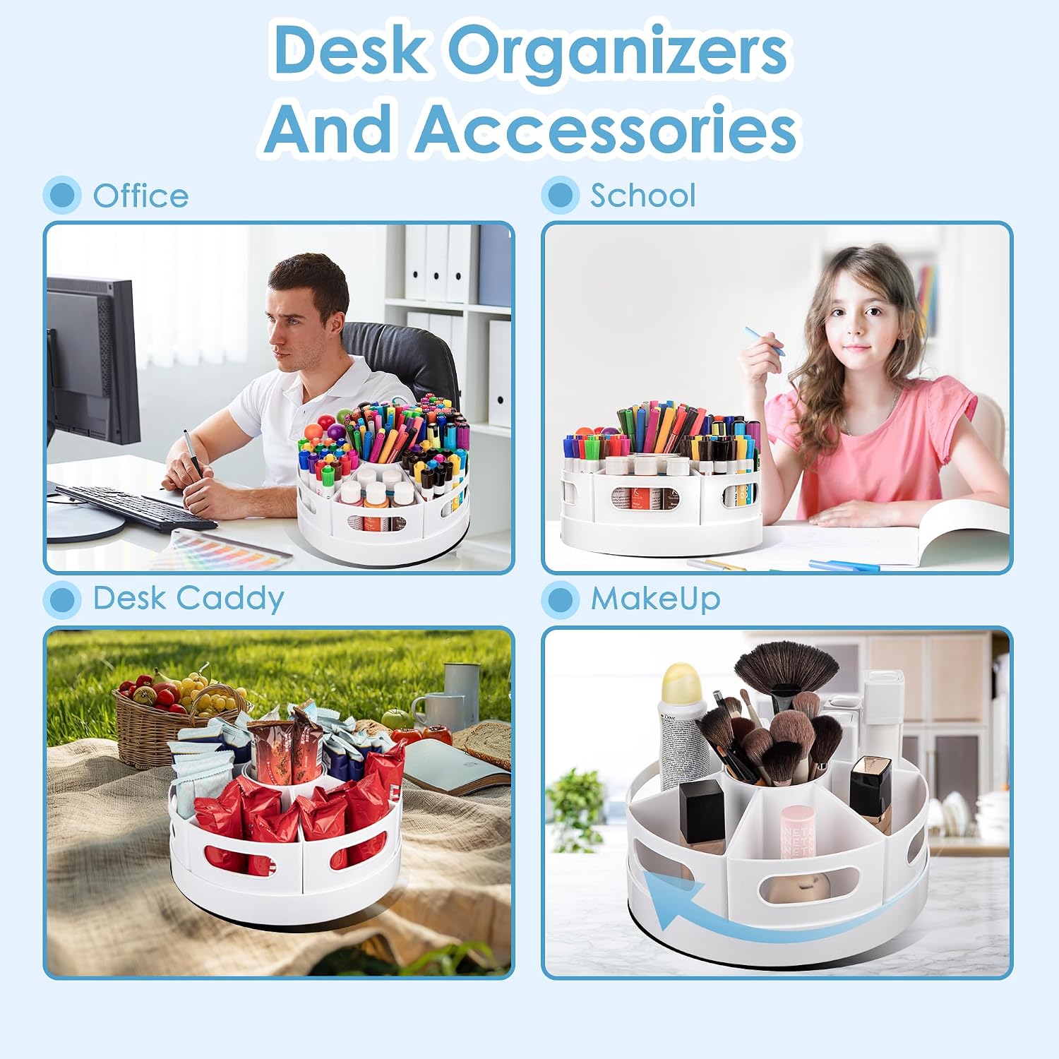 CraftGenes Rotating Art Supply Organizer, 7 Removable Compartments, White | Extra-large 360-degree desk caddy for markers, crayons and craft supplies, with 7 removable compartments and a non-slip base.
