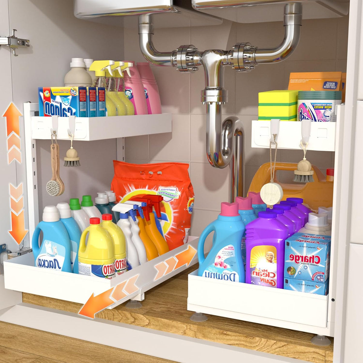 TATAANTY Under Sink Organizer, L-Shaped Metal 2-Tier Double Pull-Out Drawer f...