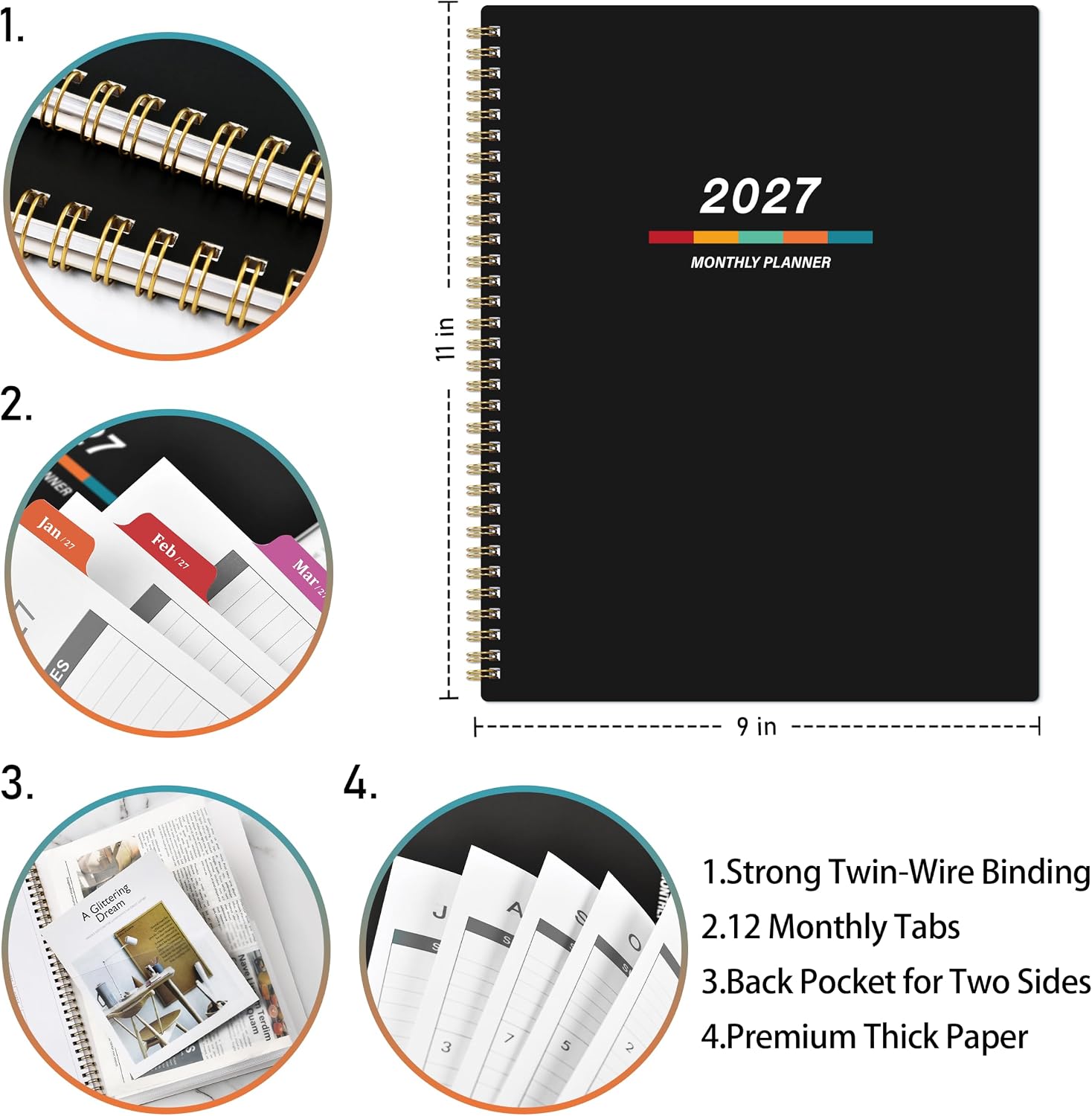Indeme 2027 Planner - 2027 Monthly Planner, Monthly Calendar 2027 | 9" x 11", Jan 2027 - Dec 2027, Large, Twin-wire Binding, 12 Months Tabs, Holidays, Two-Sided Pocket, Thick Paper