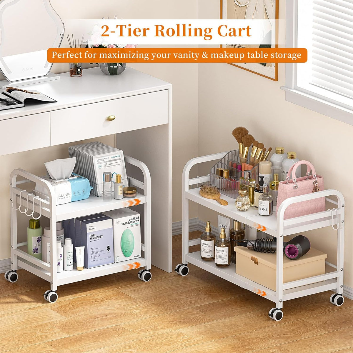2-Tier Expandable Rolling Cart, Pantry Storage Cart with Wheels, Adjustable R...