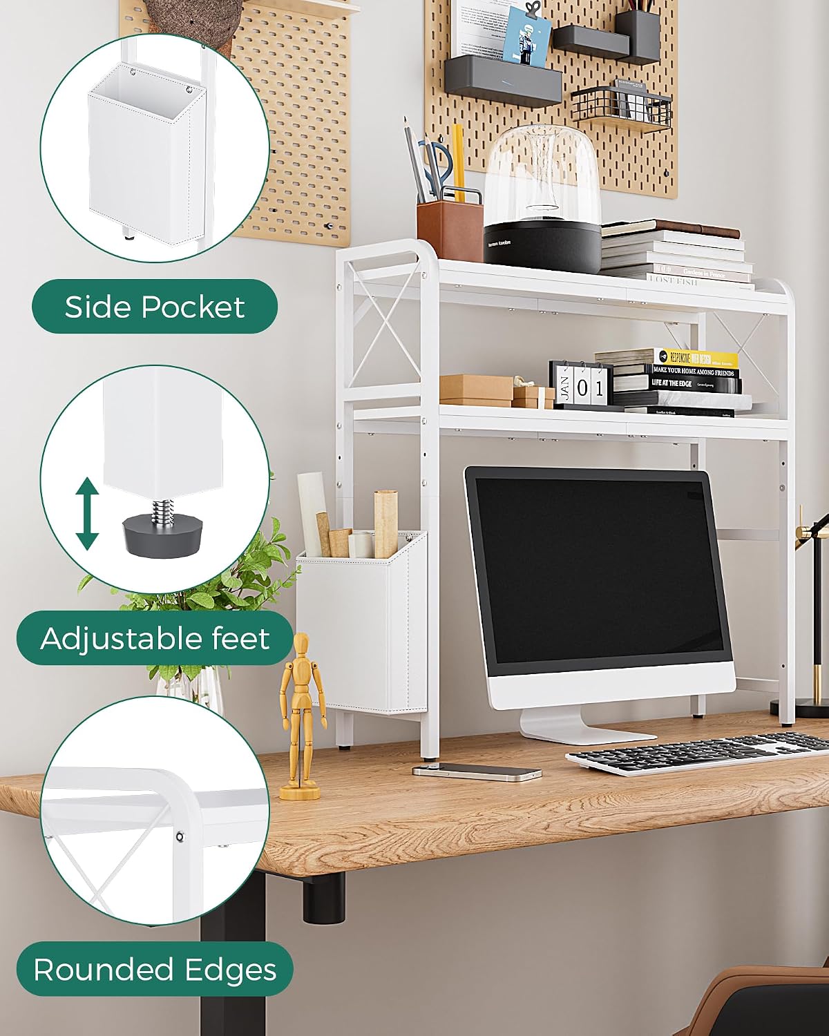 Desk Hutch Dorm with Adjustable Shelves and Side Pockets