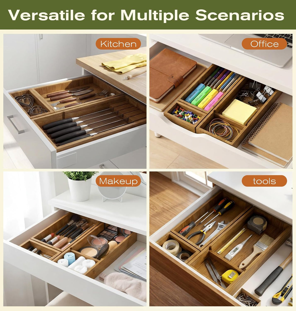 KOCWELL Bamboo Drawer Organizer with Knife Block, 3 Removable Silverware Draw...