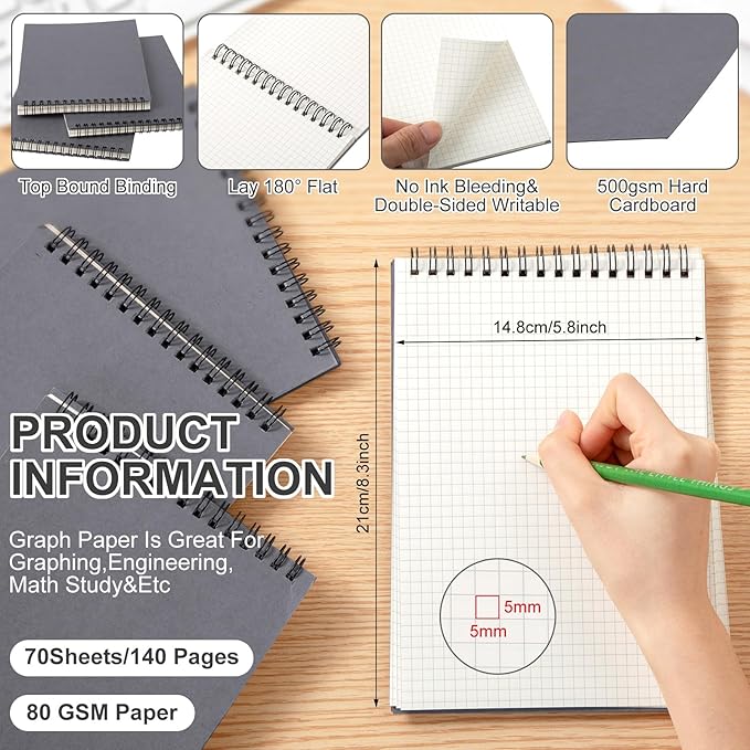 Engrowtic 6 Pack Graph Paper Spiral Notepad A5 Top Wirebound Notepad Grid - Image 2