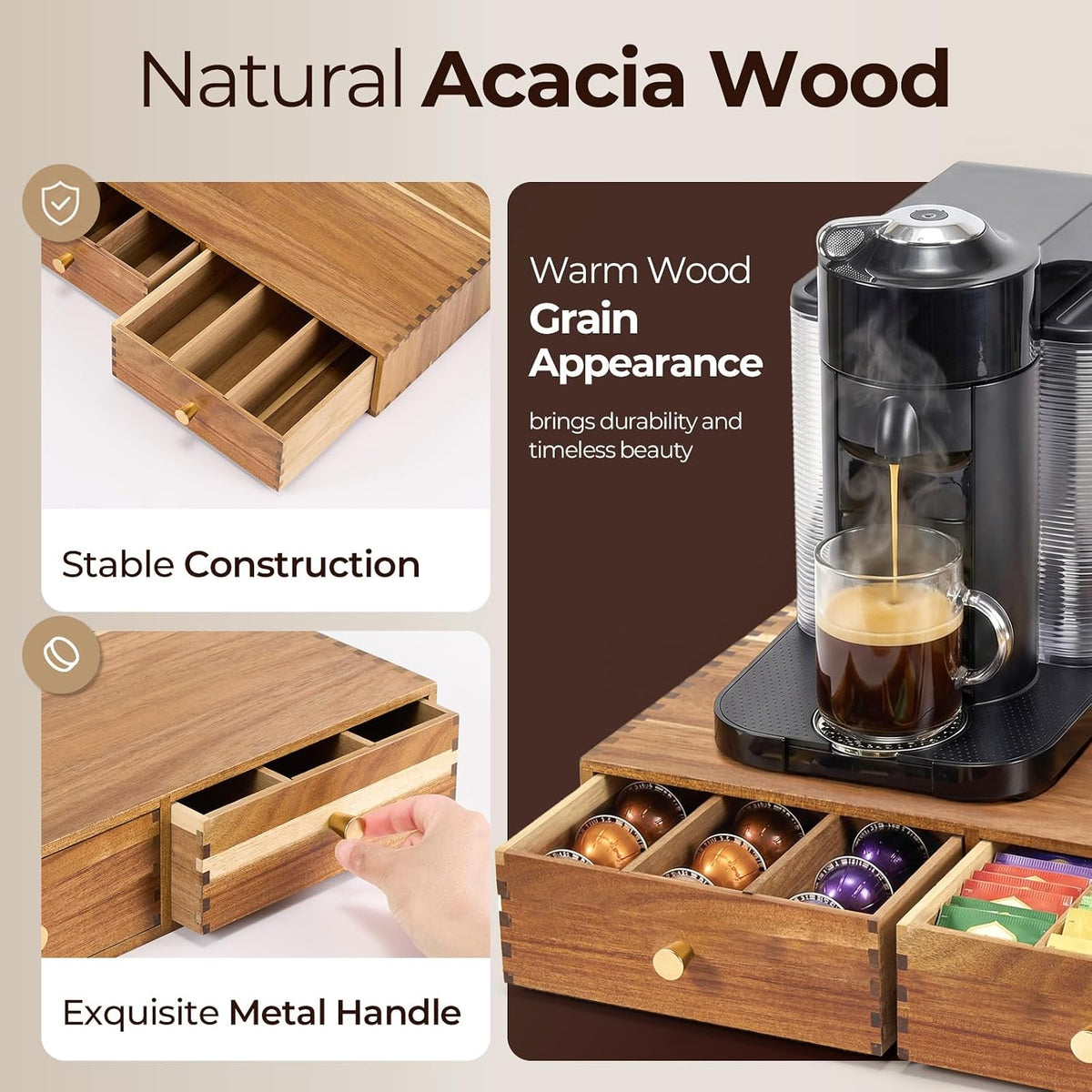 K Cup Organizer Drawer, Acacia Wood Coffee Pod and Tea Bag Storage Box