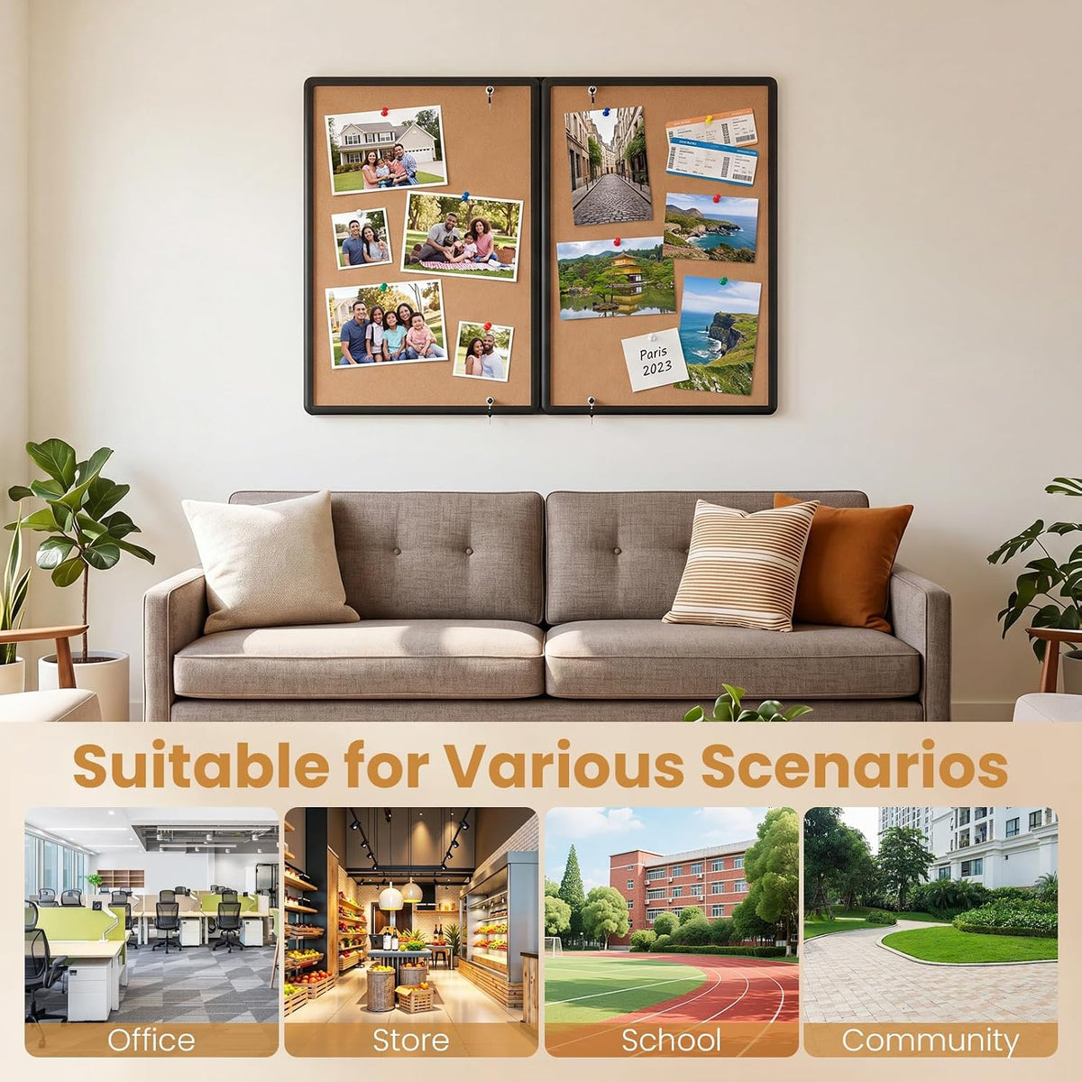 Goplus Enclosed Bulletin Board, 47.5” x 35.5” Lockable Cork Notice Board