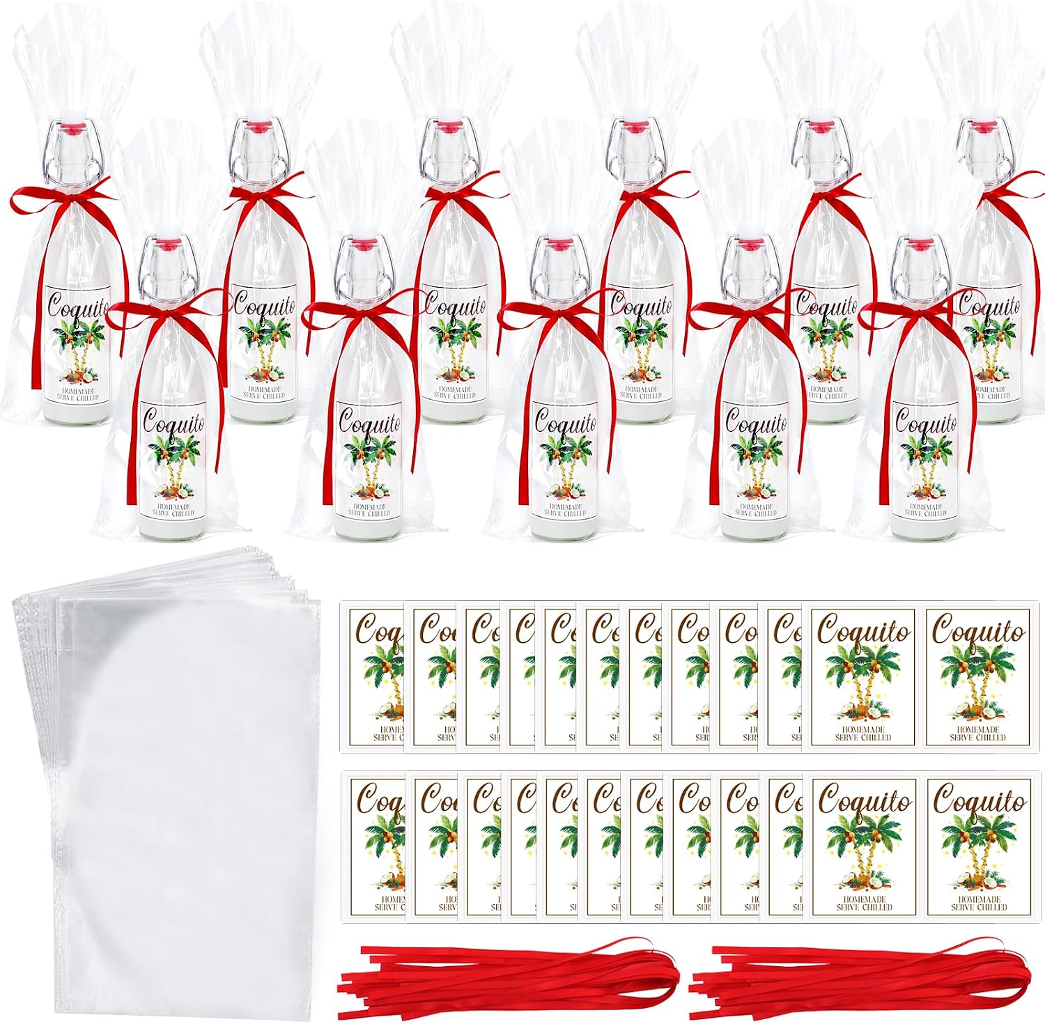 50 Sets Christmas Coquito Wine Bottle Label Stickers Kits - Cellophane Bags with Elegant Bottle Bow Decorations, Family Holiday Christmas New Year Party Supplies, Festive Table Decor (No Bottles)