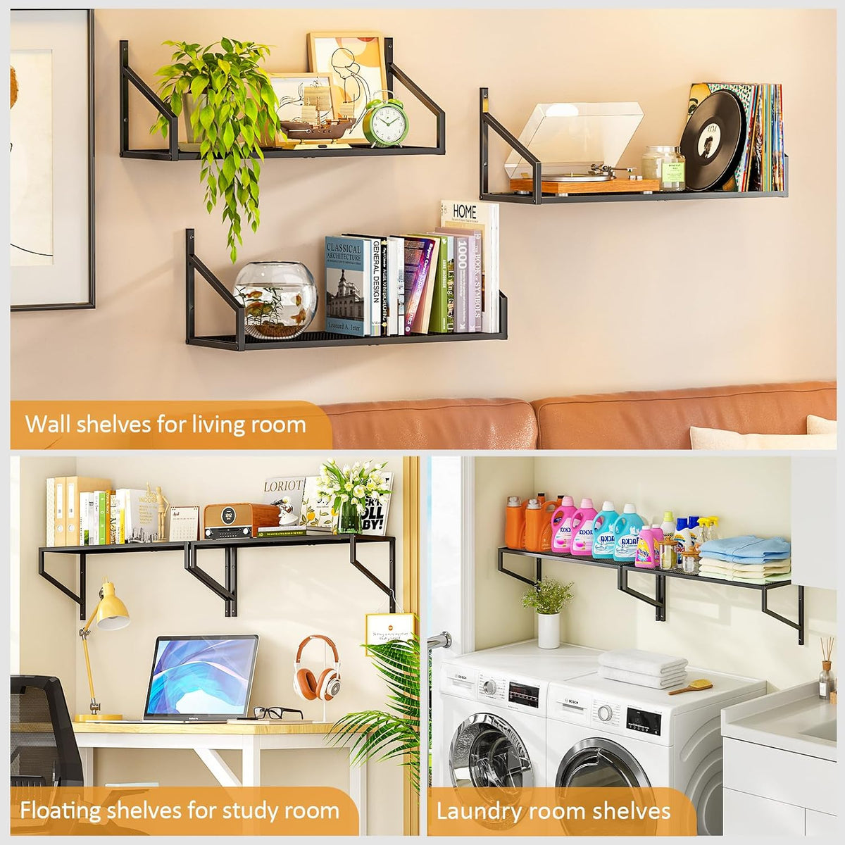 threehio 3 pack garage wall shelving, heavy duty, package contents