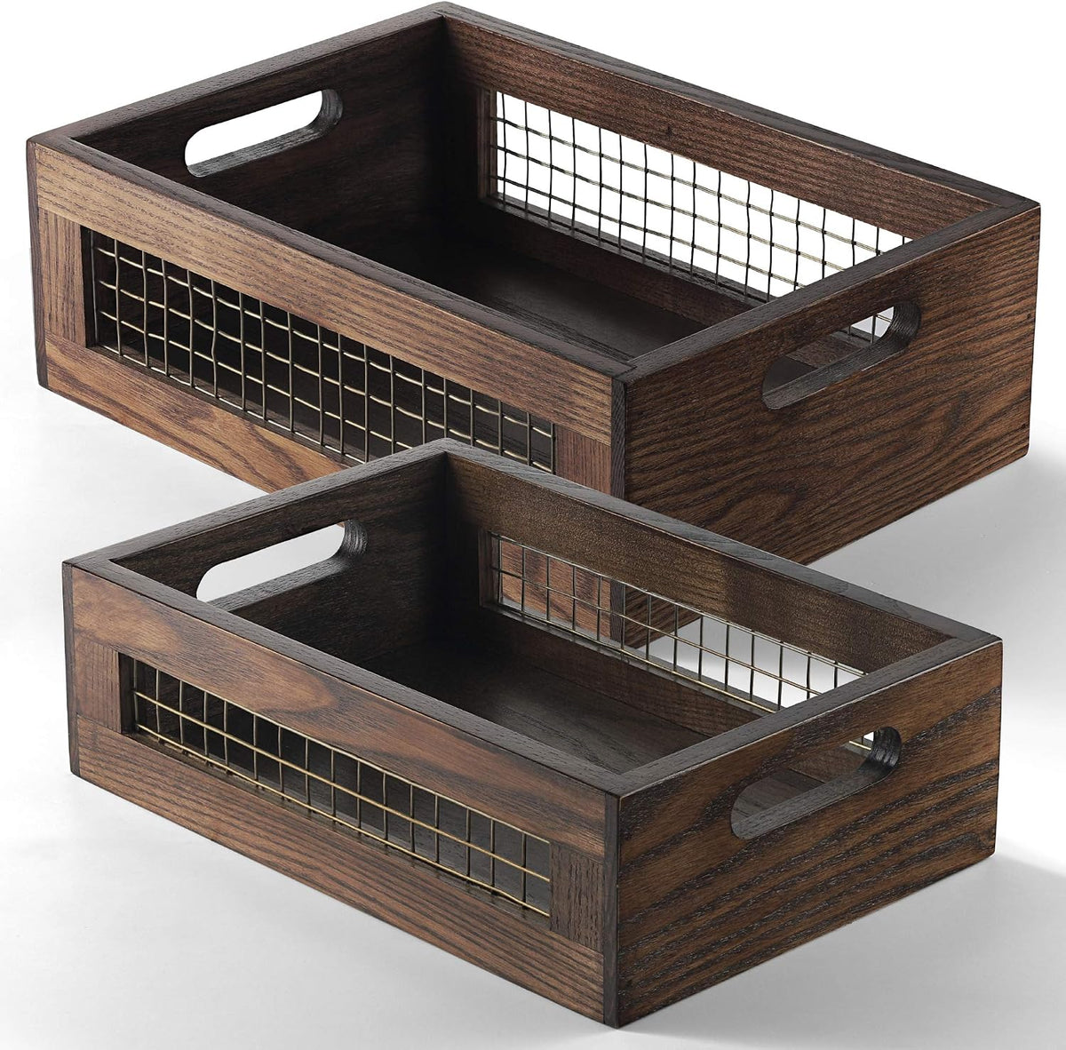 Set of 2 Wooden Countertop Baskets with Sturdy Wire Mesh & Handles