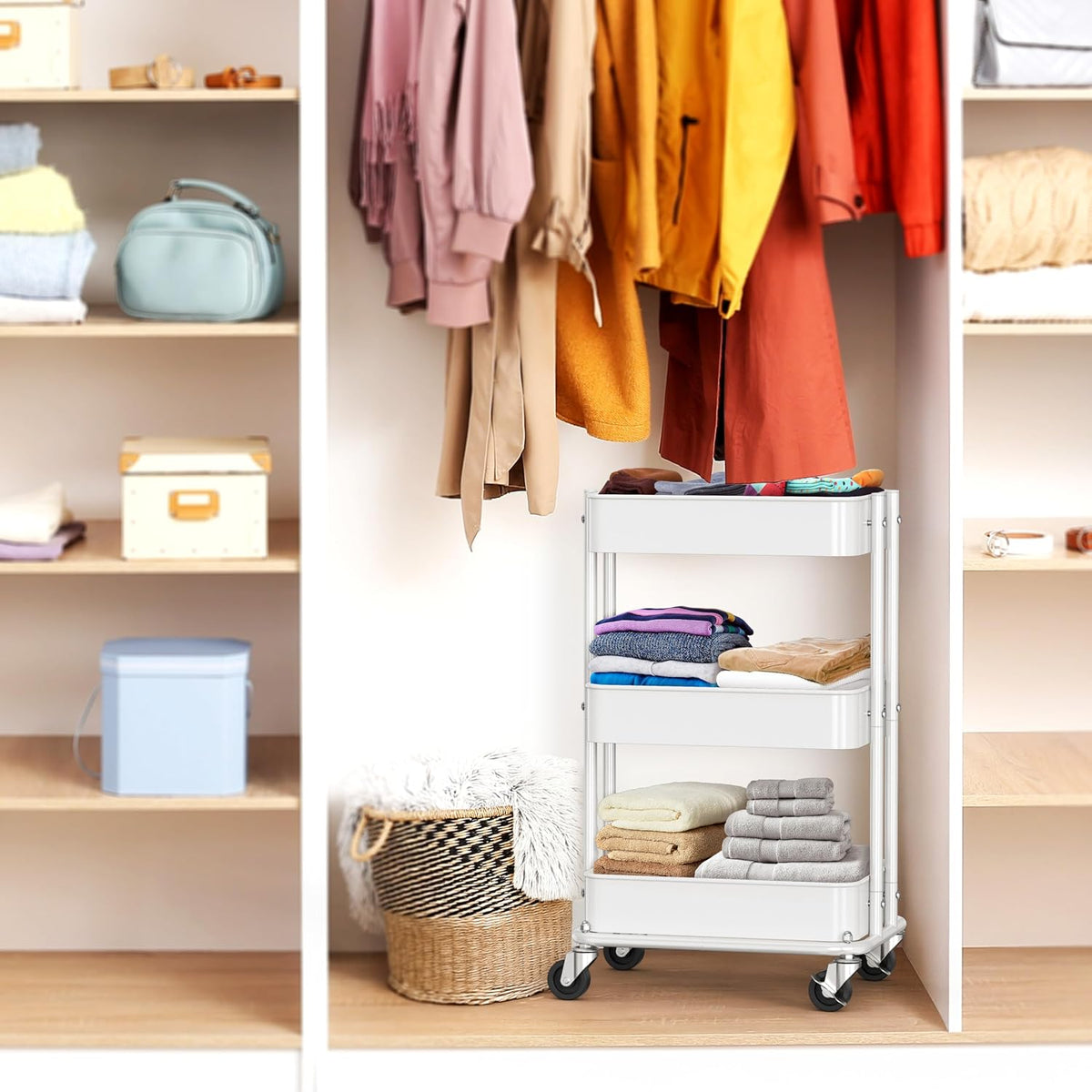 Simple Houseware 3-Tier Utility Cart, Low 24" Height Fits Under Desk, White