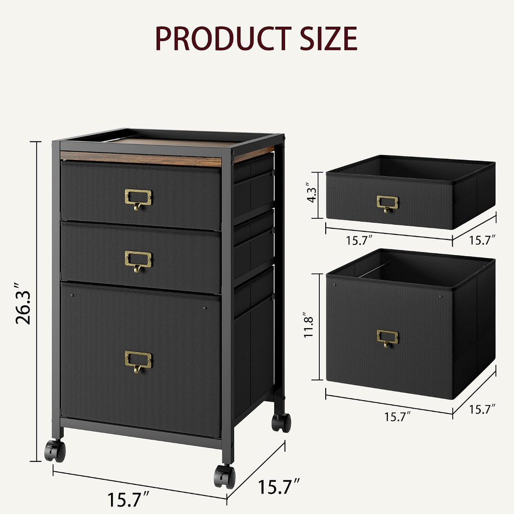 IDEALHOUSE File Cabinet with 3 Drawer, Mobile Filing Cabinet for Home Office Fits Letter Size or A4, Fabric Vertical File Cabinet on Wheels, Home Office Small Under Desk Storage Cabinet, Rustic Black