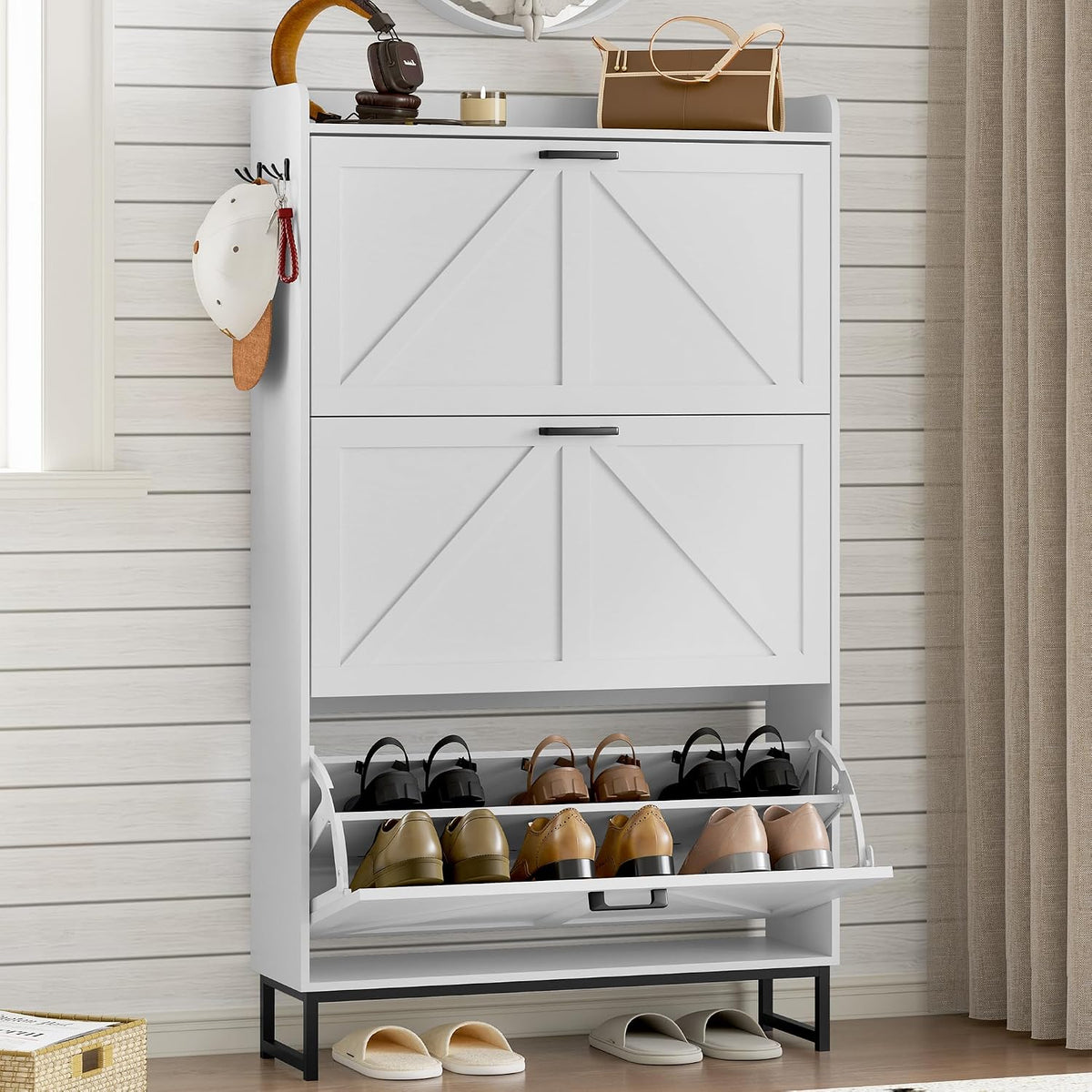 BORNOON Shoe Cabinet with 3 Flip Drawers Narrow Shoe Storage Cabinet Organize...