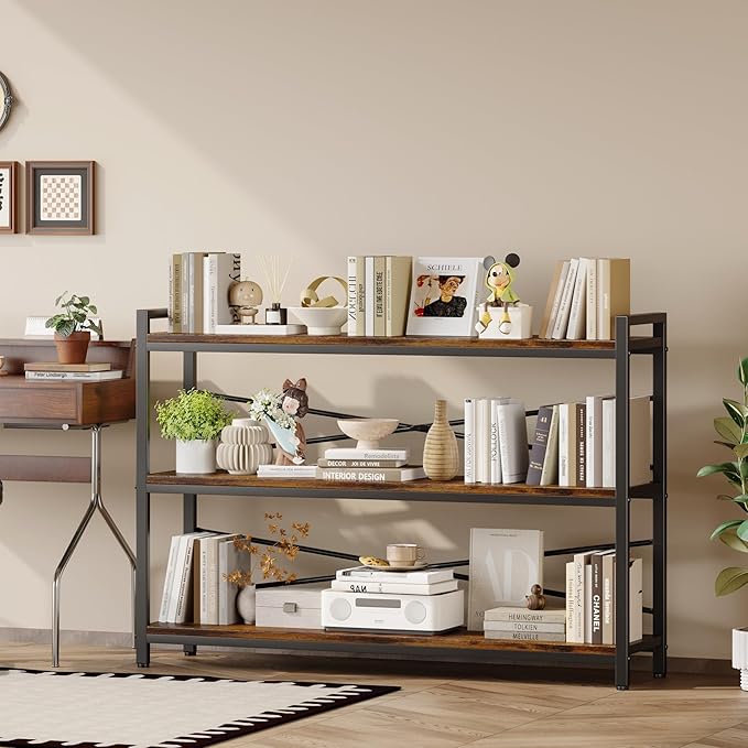 3 Tier Bookshelf 47.24" Width, Wood and Metal Etagere Bookcase, Vintage - Image 6