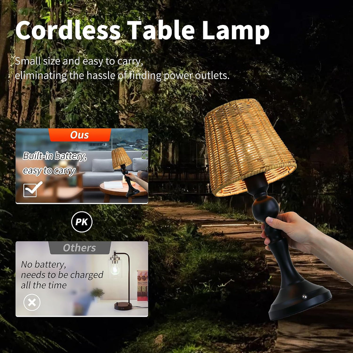 Rechargeable Cordless Table Lamp with Rattan Shade, 5200mAh Touch Dimmable Ba...