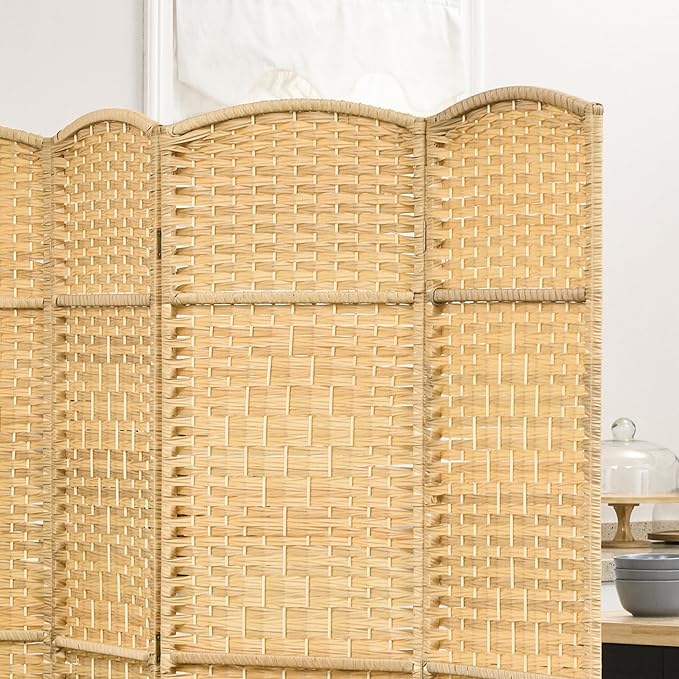 HOMCOM 4 Panel Room Divider, Hand-Woven Freestanding Wood Partition - Image 8