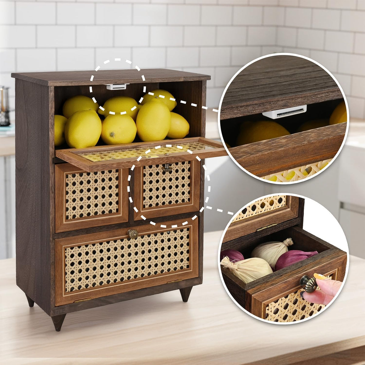 Ikee Design Small Rattan Countertop Storage Cabinet with Doors with Shelves
