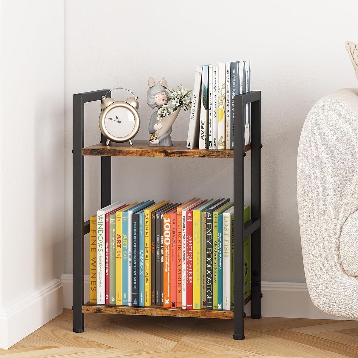 Small Bookshelf for Small Space, 2 Tier Industrial Bookcase,Narrow Book Case ...