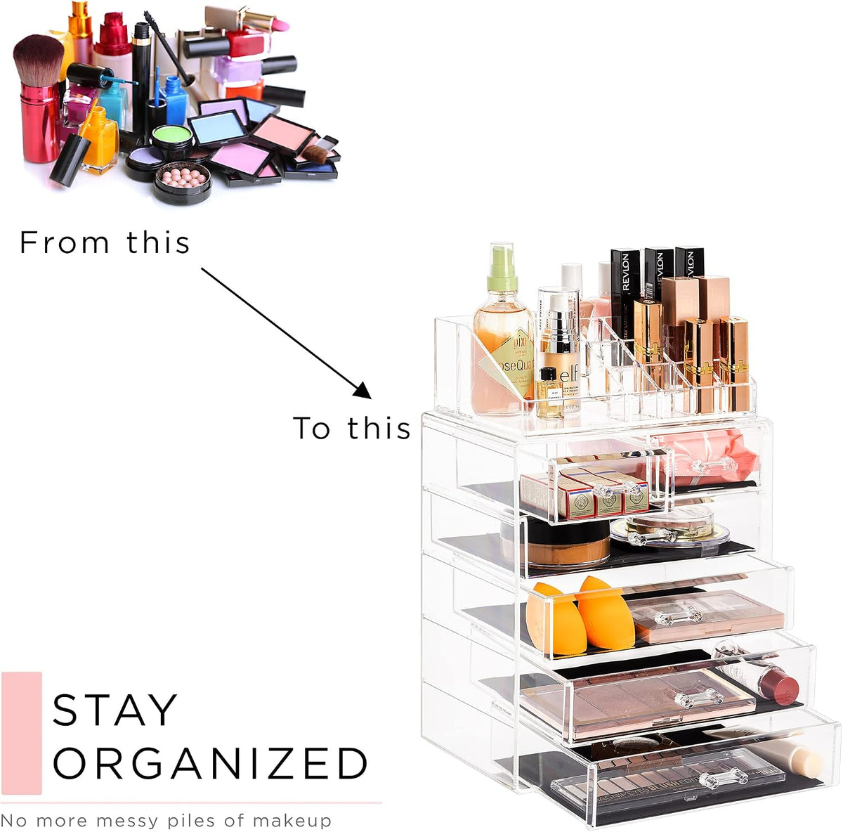 Sorbus Makeup Organizer, 6-Drawer Acrylic 2-Piece Set (Clear)