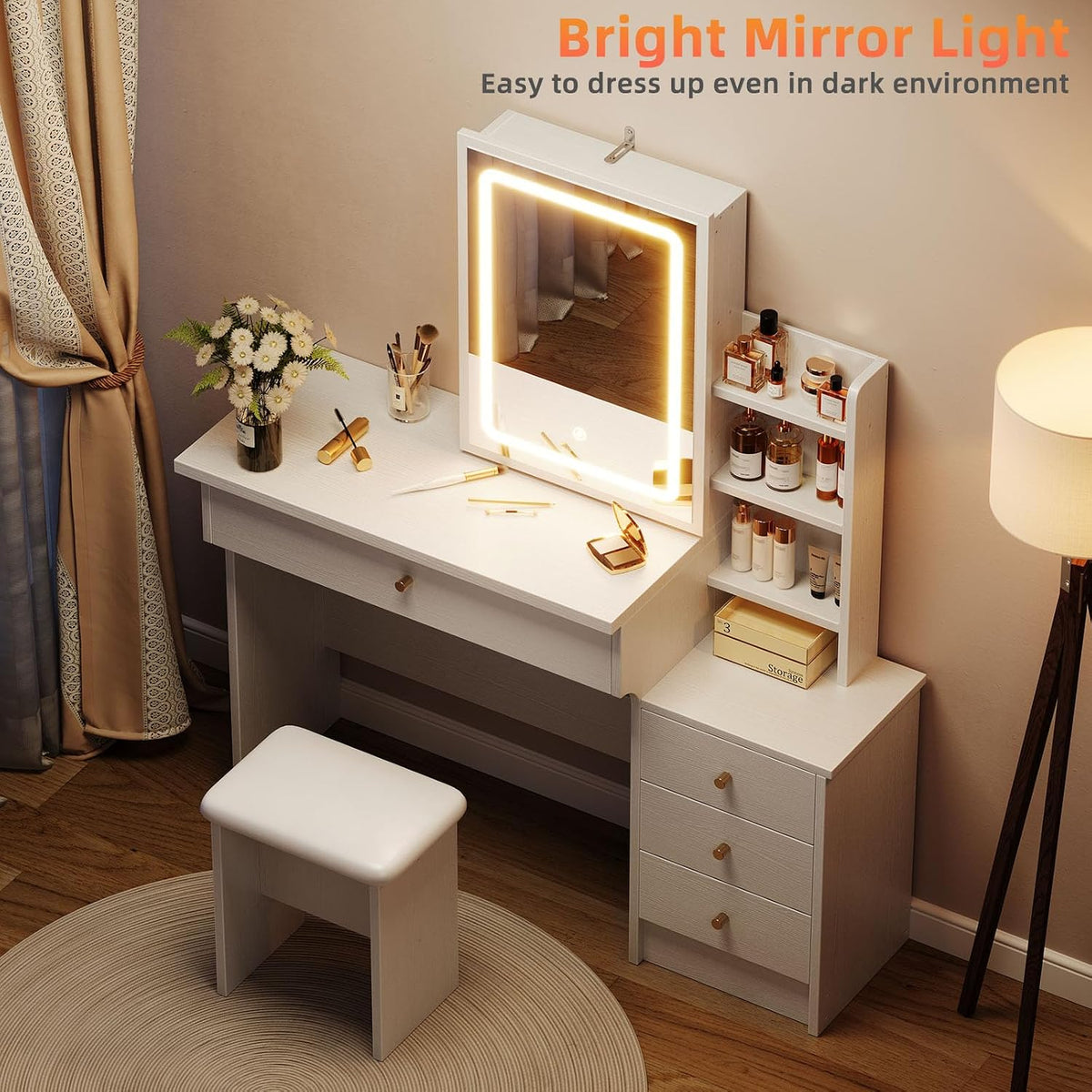 Memobarco White Makeup Vanity Desk with Sliding Mirror & 4 Drawers