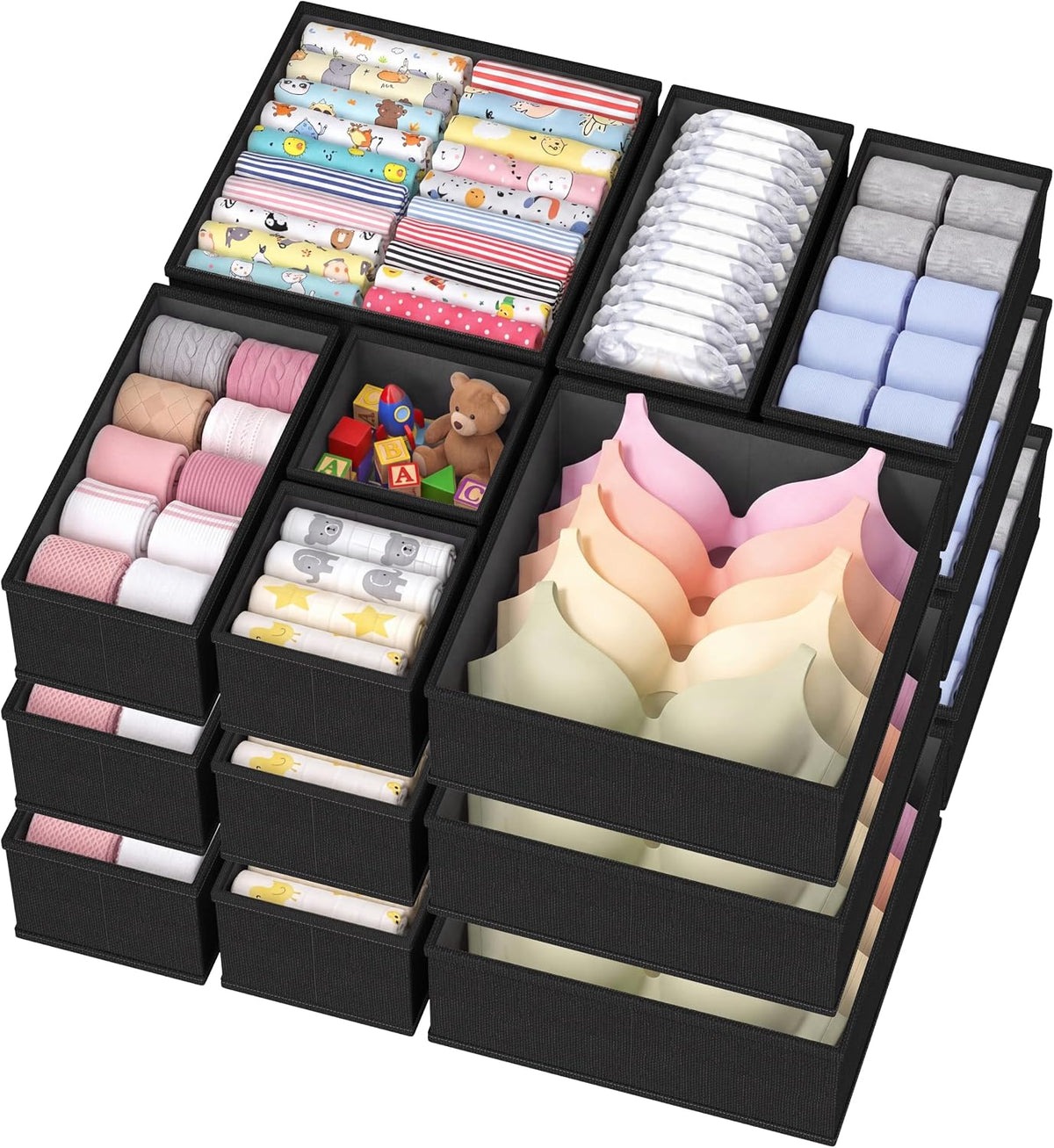 Drawer Organizer Bins Clothes for Underwear,Socks,Ties,20 Pack,Black