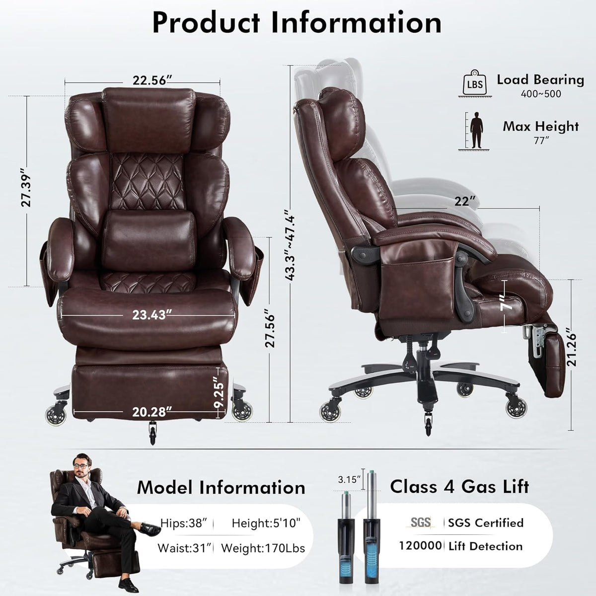 Big and Tall Ergonomic Massage Office Chair with Footrest, PU Leather Brown