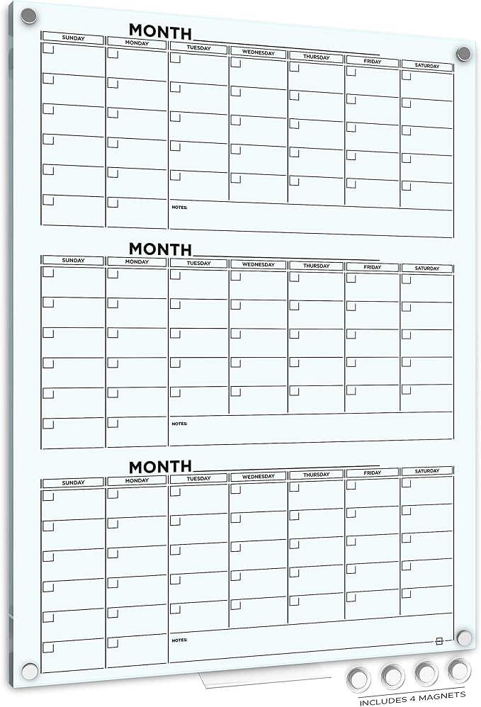 Glass Whiteboard Calendar 34x46” Quarterly Planner White Board Dry Erase Board by Scribbledo