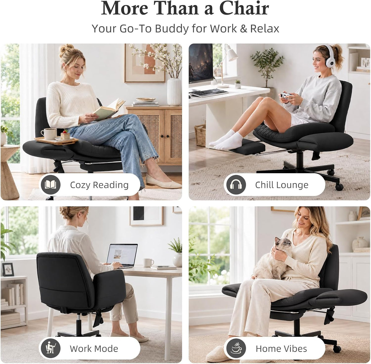 Criss Cross Office Chair with Footrest, Scratch-Resistant PU Leather, Black