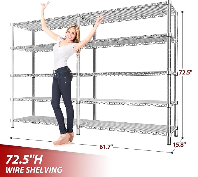 REIBII 1500LBS Storage Shelves 61.7''W Wire Shelving Unit 5 Tier Metal Shelving - Image 3