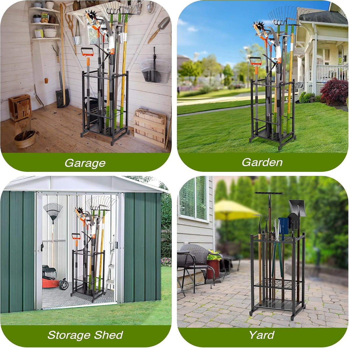garden tool organizer, garage tool organizer & garage showing dimensions