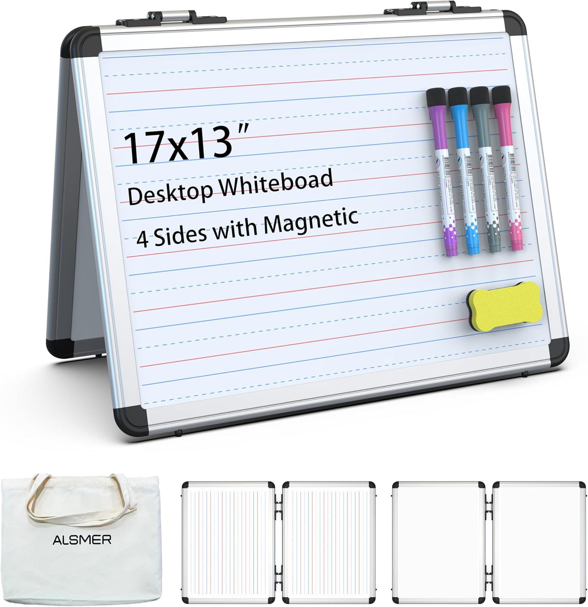 Dry Erase Board, 17x13 inch with 4 Sides Magnetic Whiteboard, A3 Foldable Sma...