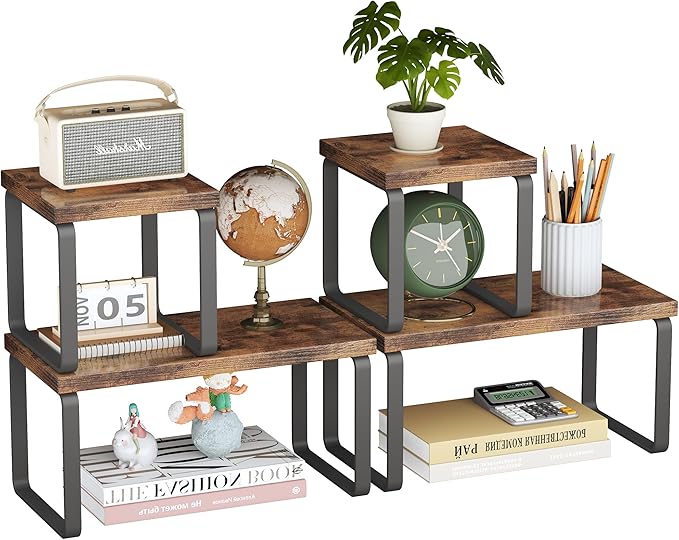 2 Sets Wooden Desktop Organizer Shelf, 2-Tier Adjustable Freestanding Bookshelf by Homeiju