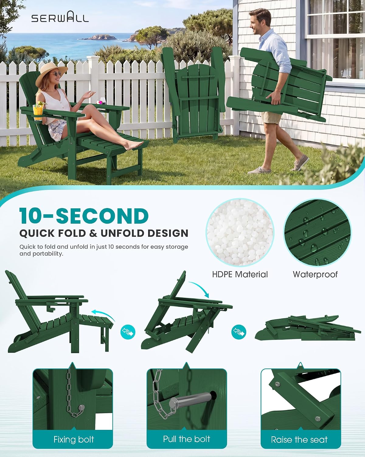 SERWALL HDPE Folding Adjustable Adirondack Chair with Footrest, Green