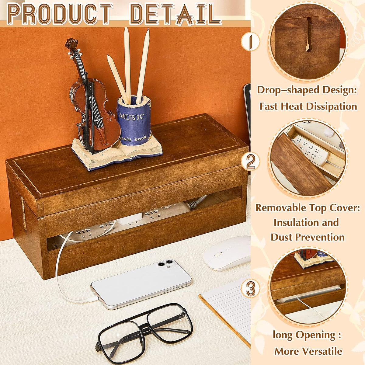 Hoteam 48 Pcs Wooden Cable Management Box Cable Organizer Box Set Power Strip...