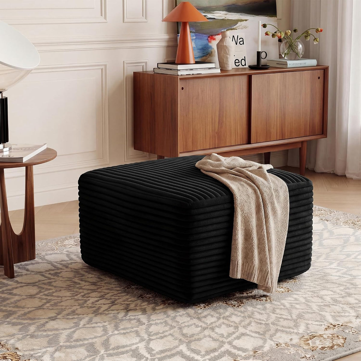 Boneless Ottoman, 27.6" Corduroy Ottoman Footrest for Boneless Couch, Black