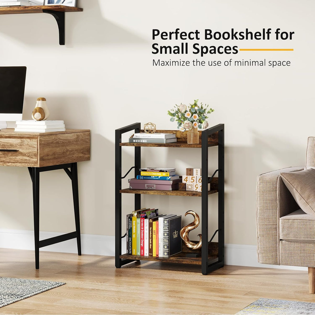 Hosfais 3-Tier Small Bookshelf Bookcase with Edge Protection